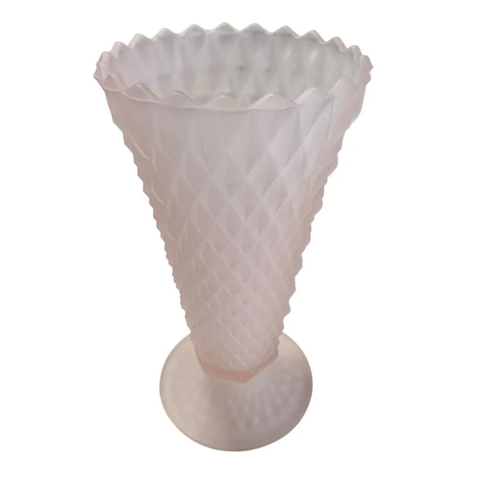 Vtg Indiana Glass Pink Frosted Diamond Point Vase Mid-century 8